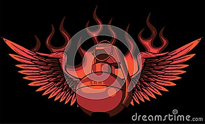 hand grenade vector illustrationwith flames and wings on black background Vector Illustration