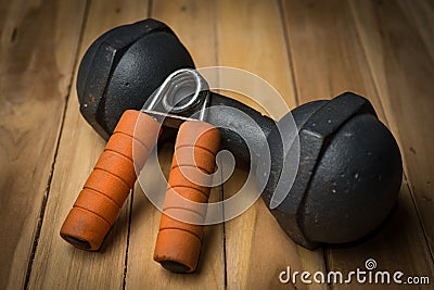 Hand Gripper and dumbbell Stock Photo