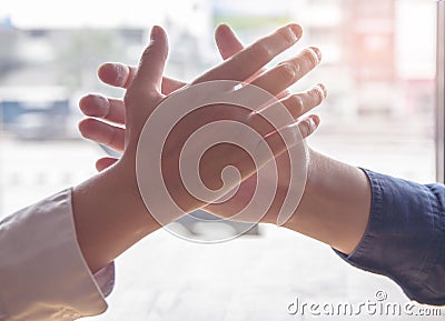 Close up hand. Group asian businessman together create a mutually beneficial business relationship. Stock Photo