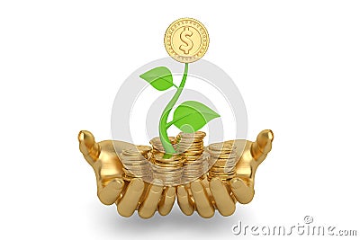 Hand and growing gold coin stacks.3D illustration. Cartoon Illustration