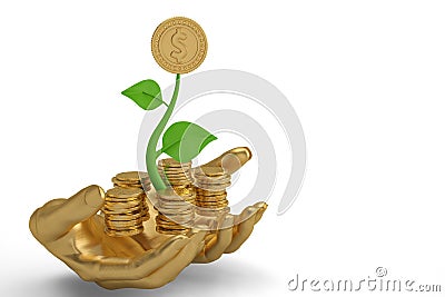 Hand and growing gold coin stacks.3D illustration. Cartoon Illustration