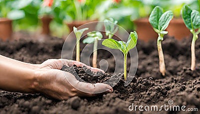 Hand growing seeds of vegetable on sowing soil at garden metaphor , Stock Photo