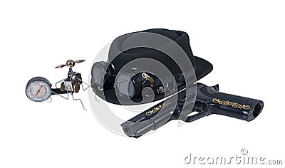 Hand Gun Goggles Hat and Steam Gadget Stock Photo