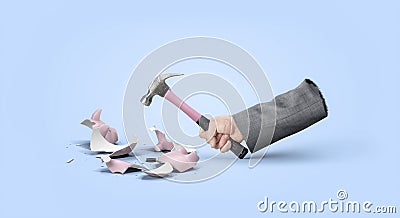 Hand with hammer breaking piggy bank Stock Photo
