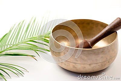 Hand hammered antique tibetan singing bowl with wooden mallet. Stock Photo