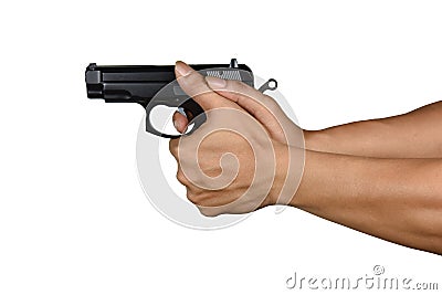 A hand with handgun wrong thumb gripping style Stock Photo