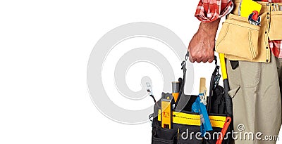 Hand of handyman with a tool bag. Stock Photo