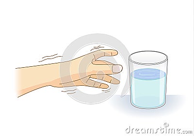 A Hand have tremor symptom reaching out for a glass of water. Vector Illustration