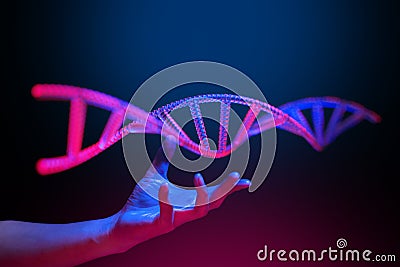 hand with healthy medical research concept, science laboratory human genes genome of dna blood double helix molecule structure Stock Photo