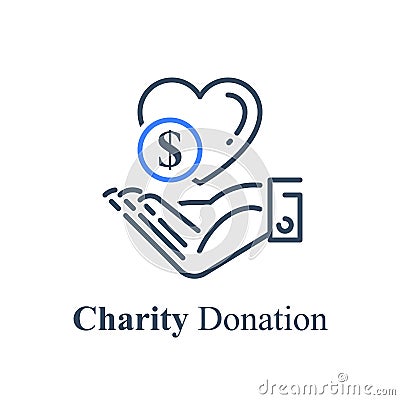 Hand and heart, charity fund concept, financial help Vector Illustration