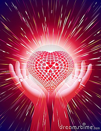 Hand Heart Light Beam Magic Power Love Background Red Vector Illustration