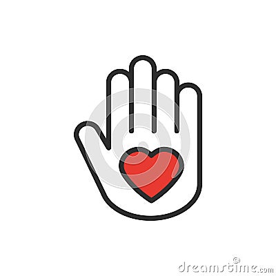 Hand with heart line icon. Love relationship peace charity volunteer help care protection support theme. Peace sign and Vector Illustration