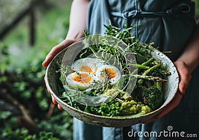 hand held image of someone holding a bowl of greens, eggs Stock Photo