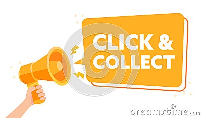 Hand Held Orange Megaphone Announcing Click Collect Service Vector Illustration Vector Illustration