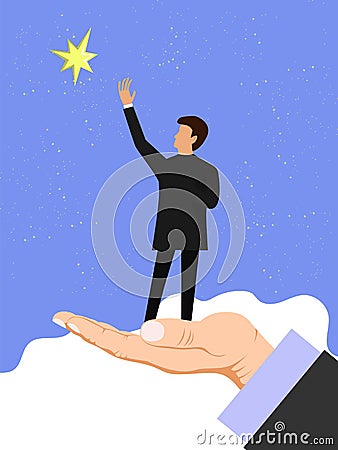 Hand helps a businessman reach out for the stars. Business helping, partneship concept vector illustration. Business Vector Illustration