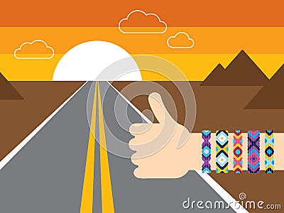 Hand with hippy friendship bracelets hitchhiking Vector Illustration