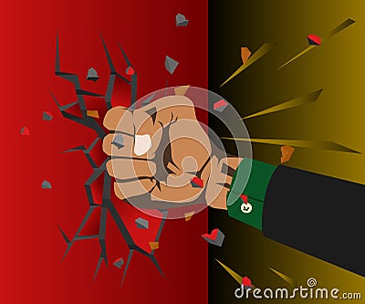 Hand hit the wall so that it becomes cracked Vector Illustration