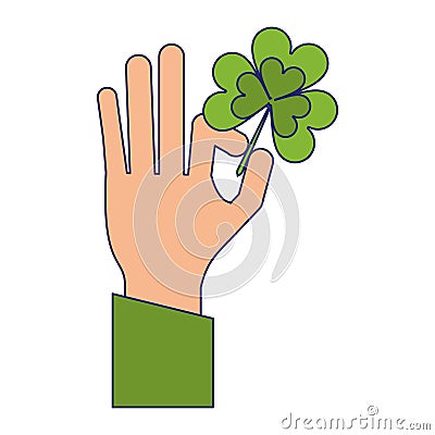 Hand hoding clover shamrock symbol blue lines Vector Illustration