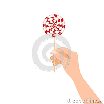 Hand hold candy Lollipop striped dessert sweetness. Vector illustration isolated cartoon style Vector Illustration