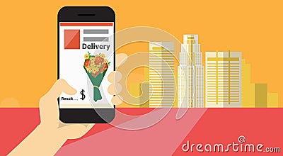 Hand Hold Cell Smart Phone Application Online Flower Delivery Banner Vector Illustration