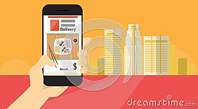 Hand Hold Cell Smart Phone Application Online Food Delivery Banner Vector Illustration