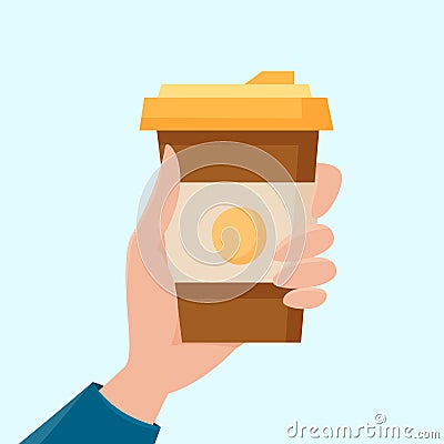 Hand hold cup of coffee. Beverage in disposable cup takeaway. Flat cartoon Vector Illustration