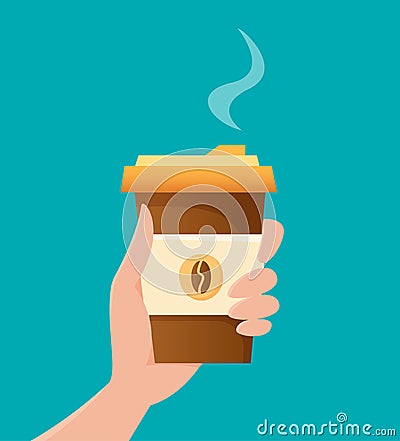 Hand hold cup of coffee. Beverage in disposable cup takeaway. Flat cartoon Vector Illustration