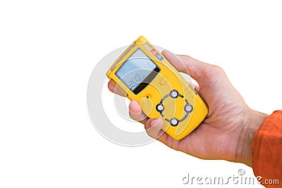 Hand hold gas detector for check gas leak isolate on white Stock Photo