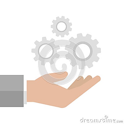 Hand hold gear. Installation and support icon isolated on white Cartoon Illustration