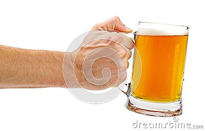 Hand hold glass mug of beer isolated on white Stock Photo