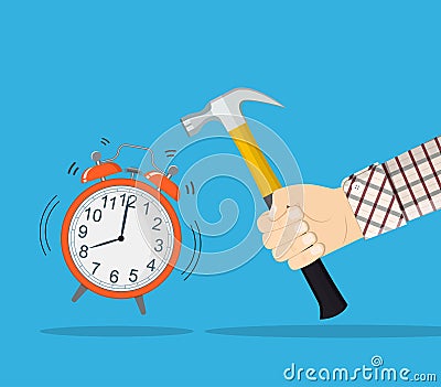 Hand Hold Hammer Broking Alarm Clock Vector Illustration