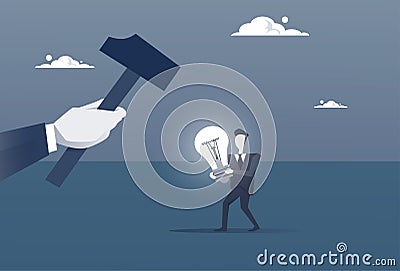 Hand Hold Hammer Broking Business Man With Light Bulb Crack New Idea Concept Concept Vector Illustration