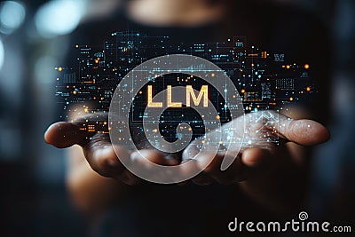 hand hold LLM text icon, AI Large Language Model concept. A language model distinguished by its general-purpose language Cartoon Illustration
