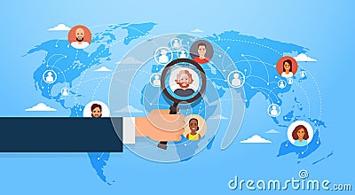 Hand Hold Magnifying Glass Choose Candidate Job Position Business People to Hire Over World Map Vector Illustration