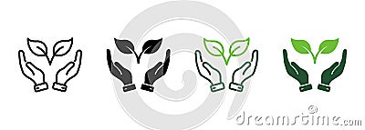 Hand Hold Organic Leaf Line and Silhouette Icon Set. Germinating Eco-Agriculture Pictogram. Cultivation Greenery Ecology Vector Illustration