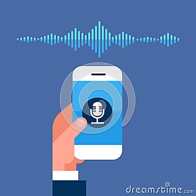 Hand hold phone app intelligent voice personal assistant recognition sound waves technology concept smart ai speaker Vector Illustration