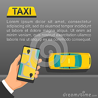 Hand hold phone with interface on a screen booking taxi service. Vector Illustration