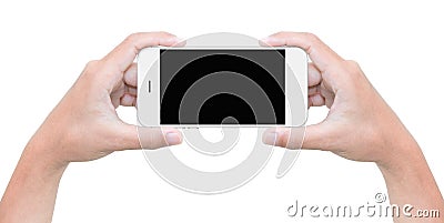 Hand hold phone isolated on white with clipping path Stock Photo