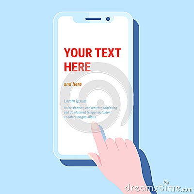 Hand hold phone. Vector smartphone cellphone, finger touch screen, stylized template design mobile app, blue trendy flat style Vector Illustration