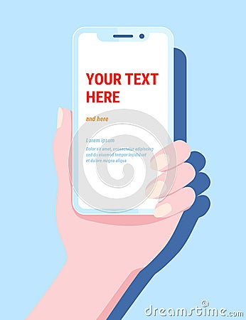 Hand hold phone. Vector smartphone cellphone, template design mobile app, blue colors, trendy flat style Vector Illustration