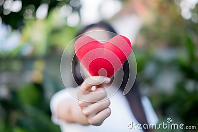 Hand are hold a red heart in the evening to replace the love in the Valentine.Give heart or love and concern to each other.Have Stock Photo