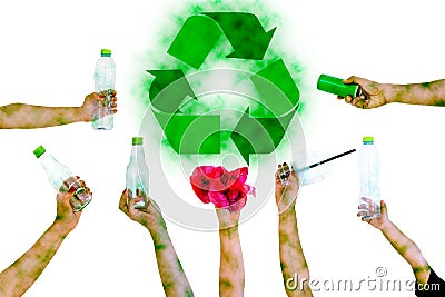 Hand hold show Recyclable Symbol plastic bottle a pollution Stock Photo