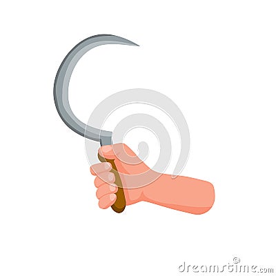 Hand hold sickle. Farmer tool for harvesting crops. Flat cartoon illustration. Vector Illustration