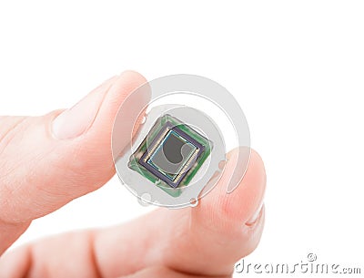 Hand hold small digital camera sensor, isolated Stock Photo