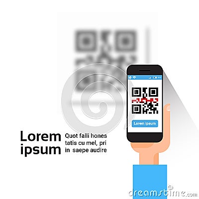 Hand Hold Smart Phone Scanning Qr Code Banner With Copy Space Vector Illustration