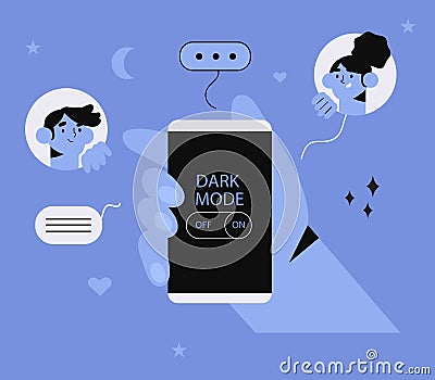Hand hold smartphone with dark or night mode or theme on. People chatting or working at night with light-on-dark color scheme Vector Illustration