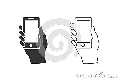 Hand hold the smartphone line icon set. Vector Vector Illustration