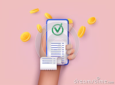 Hand hold smartphone with paper check. Payment Aproved, Online Card Payment Concept ,Easy Payments. Successful operation concept. Vector Illustration