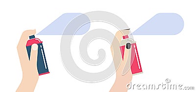Hand hold spray paint can vector icon set graphics illustration, man woman holding perfume deodorant cartoon bottle, cleaner Vector Illustration