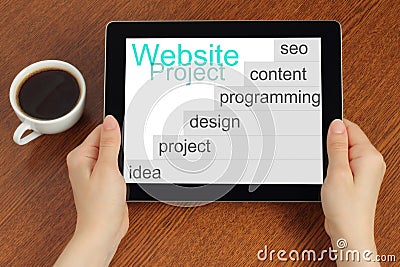 Hand hold tablet pc with website project's development steps Stock Photo